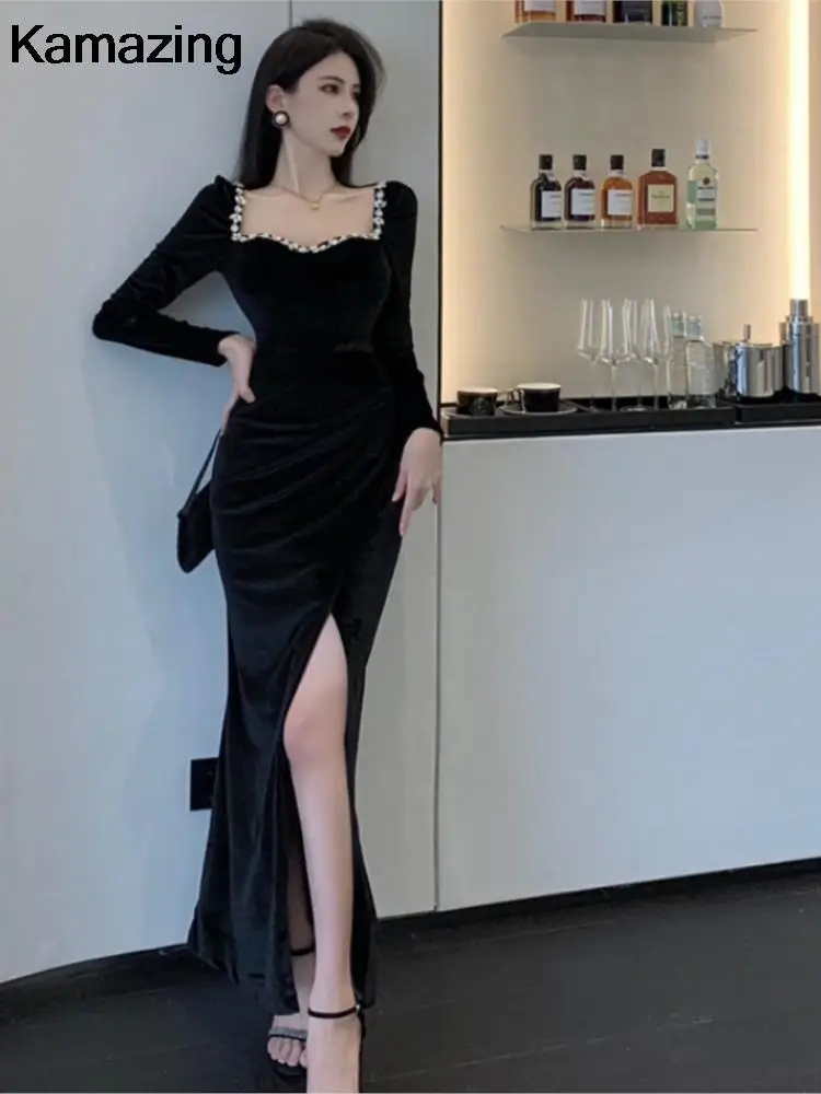 Sexy Bodycon Evening Party Dress Women Autumn New Velvet Diamonds Prom Robe Ladies France Vintage Split Mermaid Vestidos Mujer