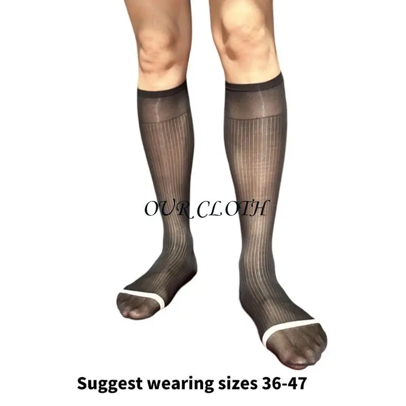 メンズビジネススーツドレスソックスストライプパターンナイロンは、正式な機会と毎日の摩耗Y1ACのために膝の長さのストッキングを通して見えます