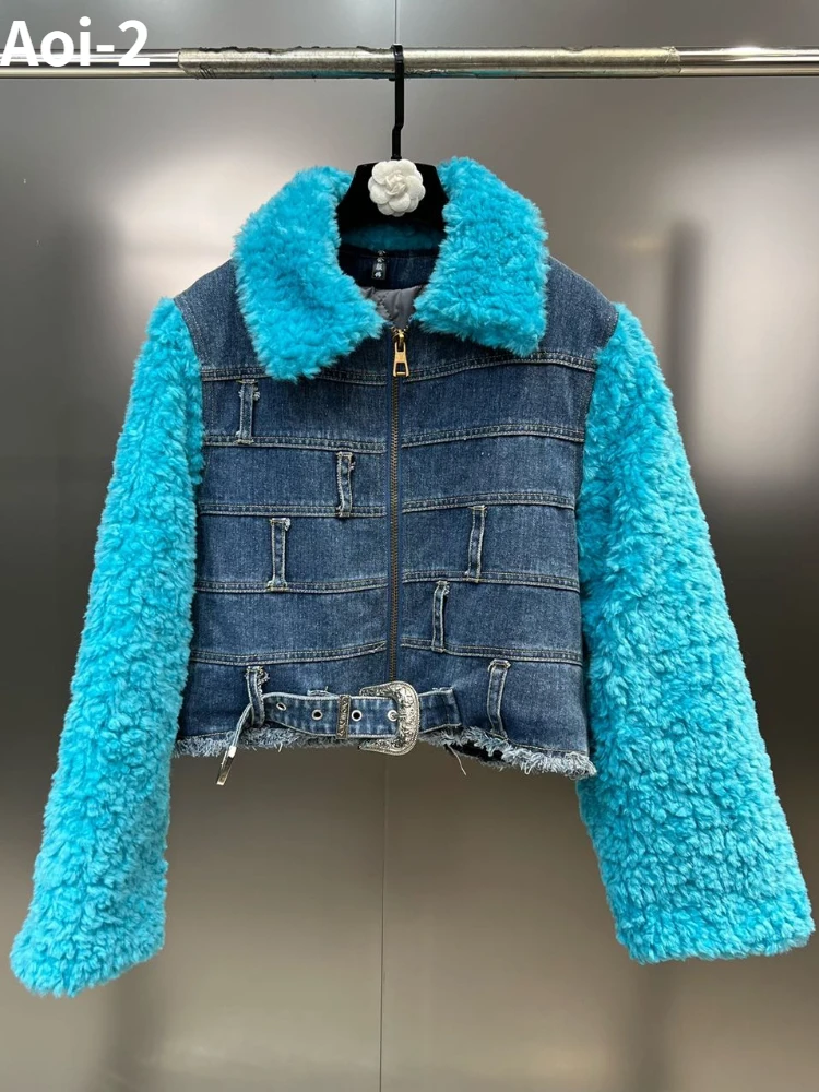 Vintage Fashion Denim Cotton-Padded Coat Women's 2023 Winter Furry Stitching Cowboy Adding Cotton Warm Spice Girl Jacket