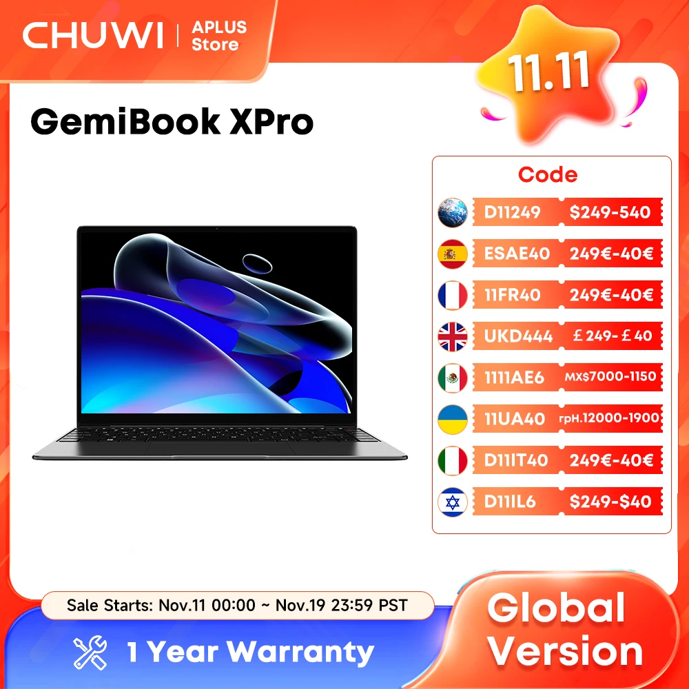 

Ноутбук CHUWI GemiBook XPro, 8 ГБ LPDDR5, 256 ГБ SSD Intel N100/N150 UHD, видеокамера 12-го поколения, 14,1 дюйма, FHD, 1920*1080, Windows 11, ноутбуки