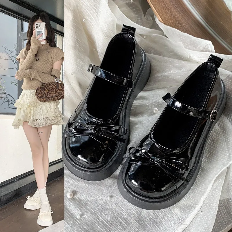 

Универсальные туфли Мэри Джейн, увеличивающие рост, 2025 г., модные стильные кожаные туфли с милым бантом для женщин, весна Женская Обувь