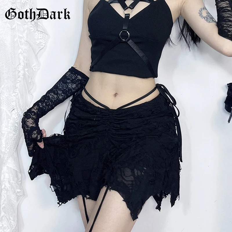 Goth Dark Casual Mall Goth Black Holes Irregular Hem Short Skirt Harajuku Aesthetic Drawstring Bandage Mini Skirts Grunge Bottom