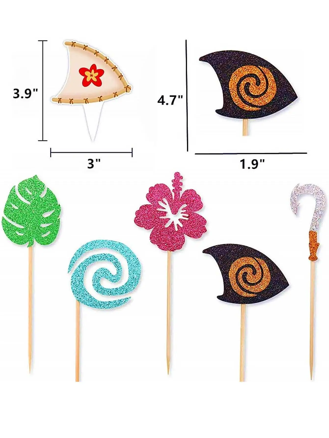 30 PCs Glittery Moana Inspired Cupcake Toppers Moana Cake Hawaiian Birthday Party Decoration for Tropical Luau Summer Party