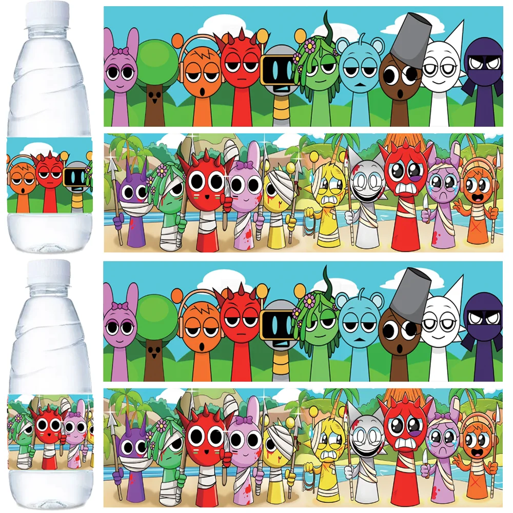 

Cartoon Sprunki Water Bottle Stickers Label Incredibox Birthday Party Waterproof Bottle Wraps Baby Shower Kids Girls Party Favor