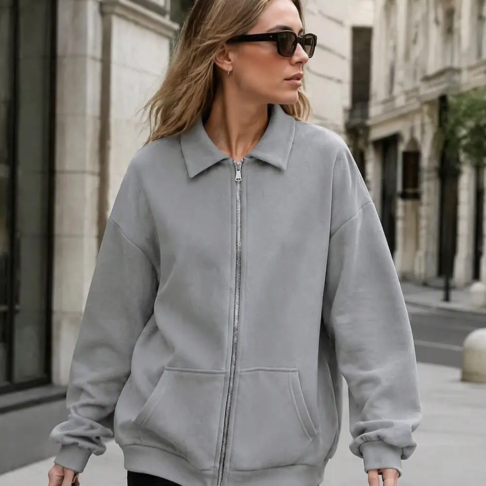 Men Women Zip-Up Jacket for Fall Winter Solid Color Long Sleeves Coat with Pockets Casual Loose Fit Lapel Commuter Outfit