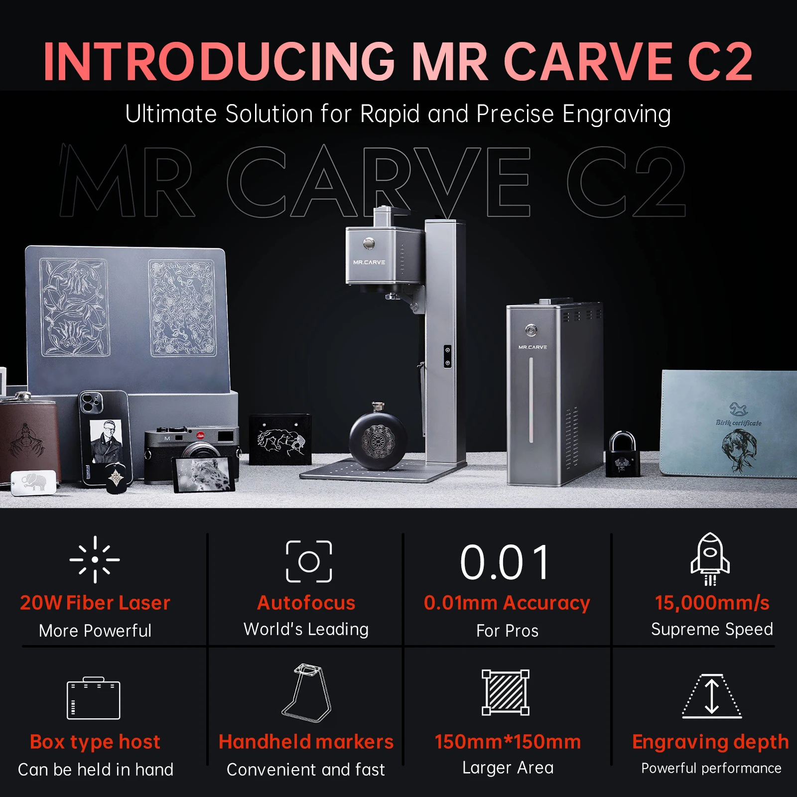 MR.CARVE C2 Fiber Laser Marking Machine 20W Handheld Auto Focus Electric Lifting Engrave All Metal Ring Bottle Plastic Leather