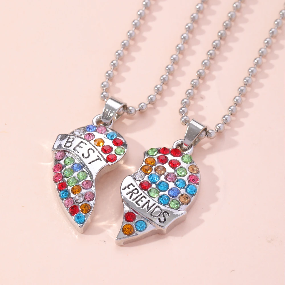 2 Pcs/Set Colorful Crystal Heart Matching Pendant Necklace BFF Jewelry Bead Chain Rainbow Rhinestone Choker For Women Friendship