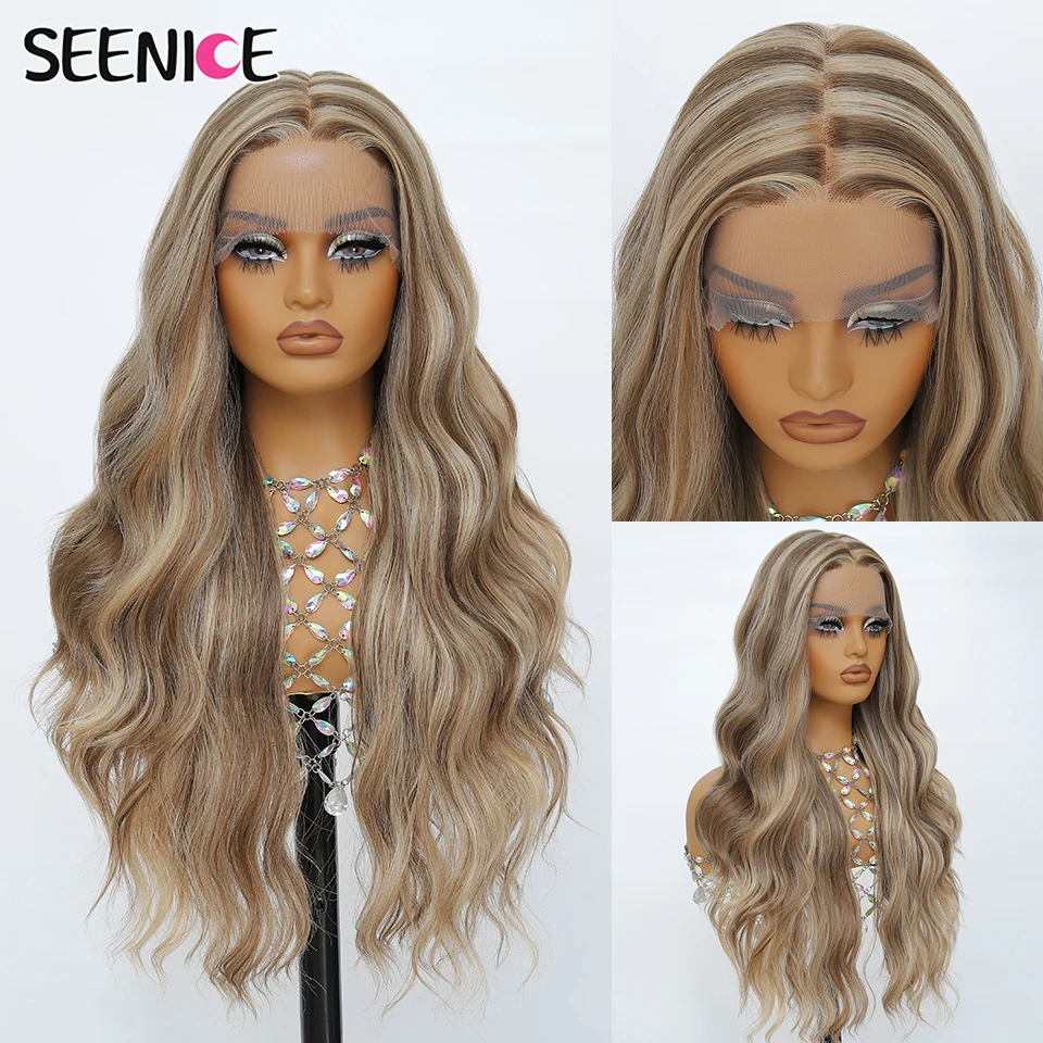 

Natural Wave Lace Front Wig Highlight Ash Blonde Lace Frontal Synthetic Wigs Pre Plucked Long Wavy 13x5x1.5 Lace Wig for Women