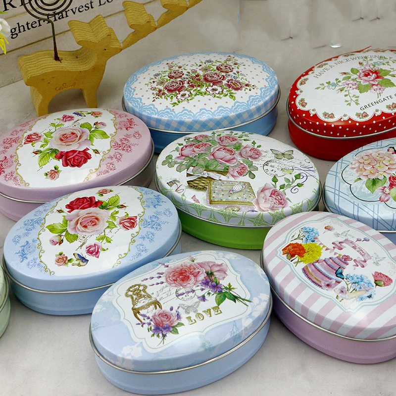 4PC Vintage Flower Pattern Tin Candy Storage Box Small Oval Metal Hairpin Jewelry Organizer Container Coin Earrings Iron Case