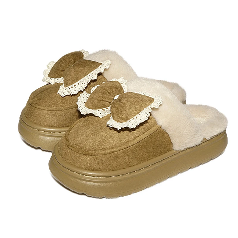 Belle pantofole con plateau soffici bowknot da donna suola spessa antiscivolo scarpe in cotone per la casa donna comode scivoli in peluche caldi femminili