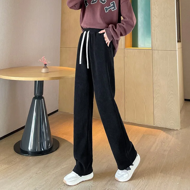 Spodnie damskie z wysokim stanem, ocieplane polarem, z prostymi nogawkami, z bawełny i aksamitu, jesienno-zimowe, wygodne, codzienne spodnie o prostym kroju.