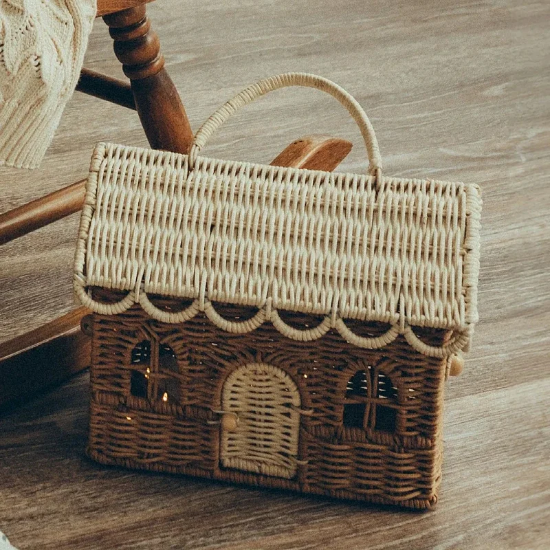 Playing House Rattan Bag Wicker Woven Handbag Straw Knitted Box Bags for Women Handmade Travel Beach Bags Square Baske 2025t Bag