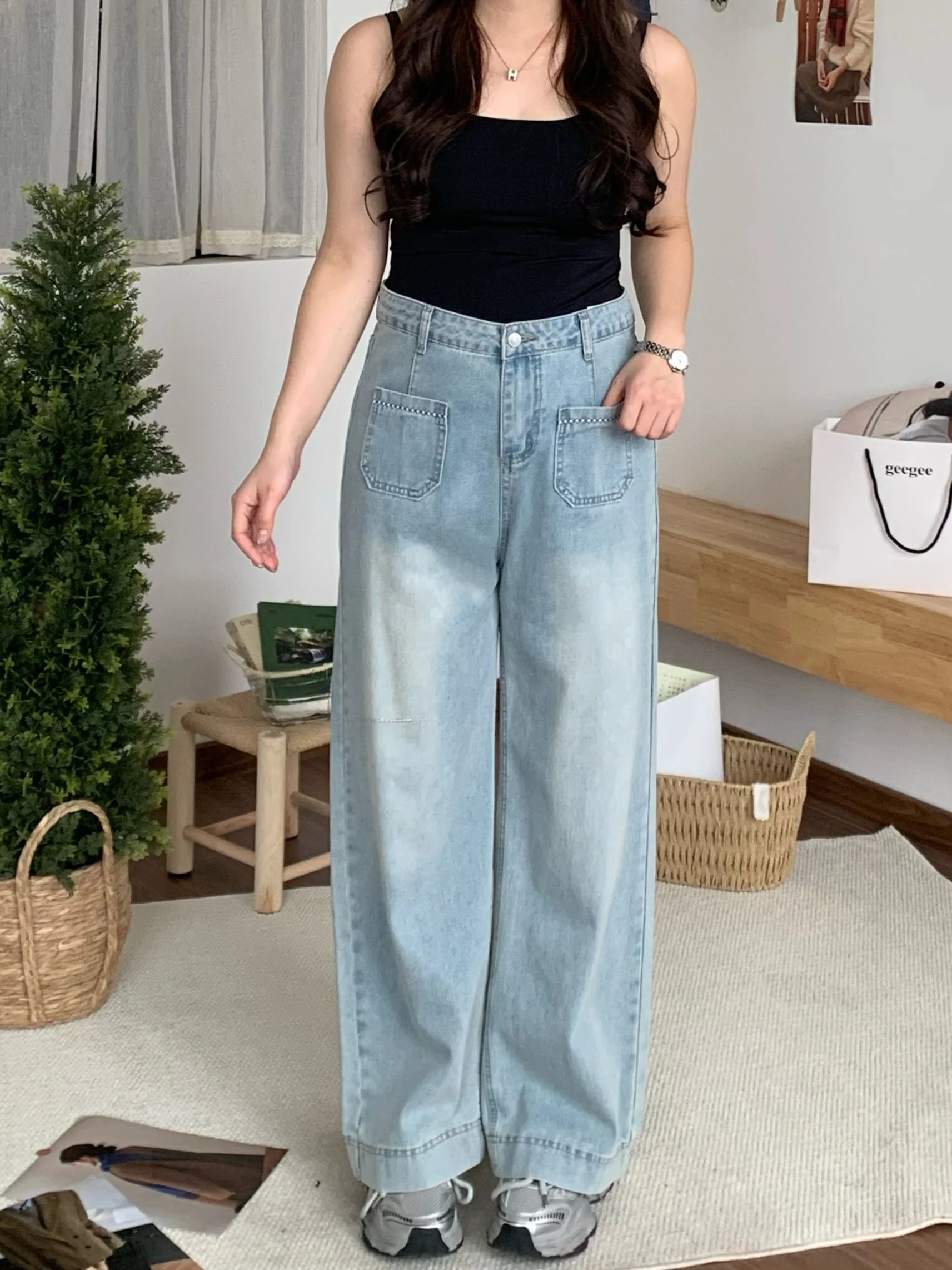 

High Waist Wide Leg Jeans Korean Design Pocket Slimming Concealing plus Size Retro Denim Casual Straight Cut Cotton Blend