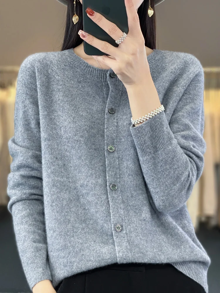 Aliselect New Fashion Women Clothing 100% Merino Wool Sweater O-Neck Long Sleeve Spring Autumn Winter Cardigan Knitwears Tops