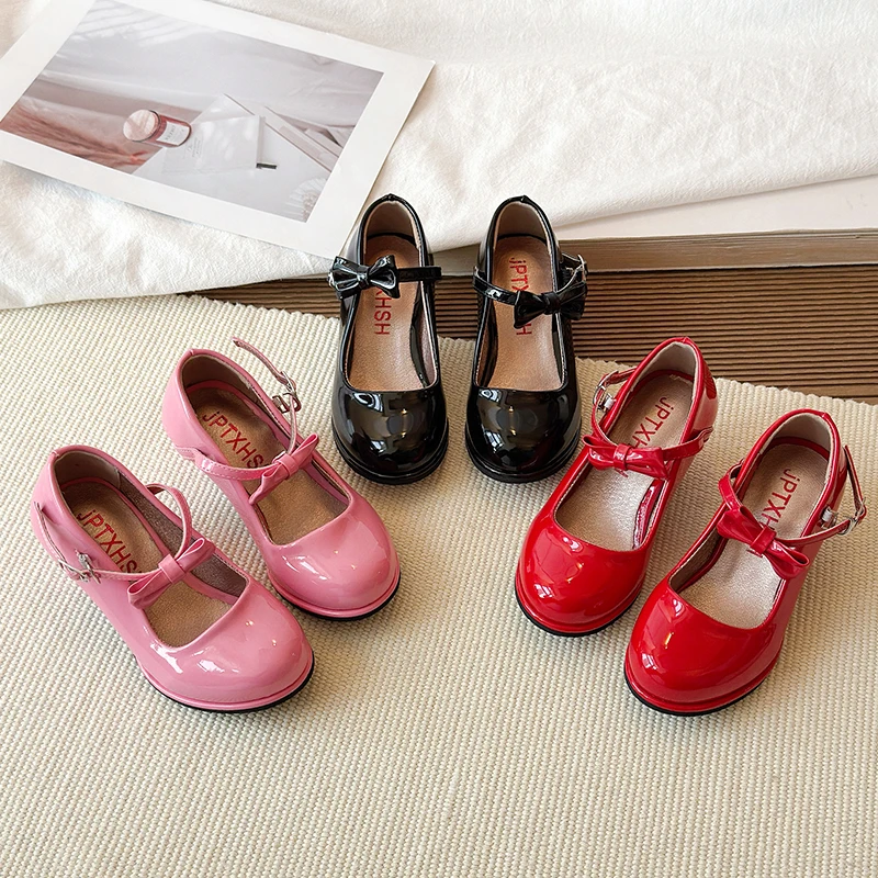 

Girls Bow Patent Leather High Heels Princess Shoes Black Lolita Shoe Kids Party Dress Shoes Autumn Spring 6-14Y Princess Shoes