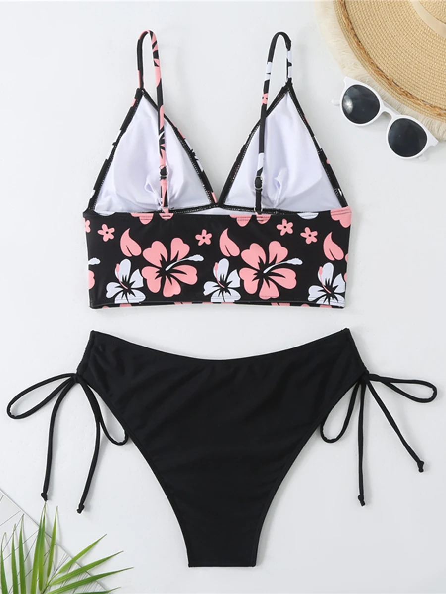 2024 Floral V Neck Drawstring Two Piece Bikini Swimsuit Women Sexy Swimwear Female Bather Bathing Swimming Swim Suit Beachwear