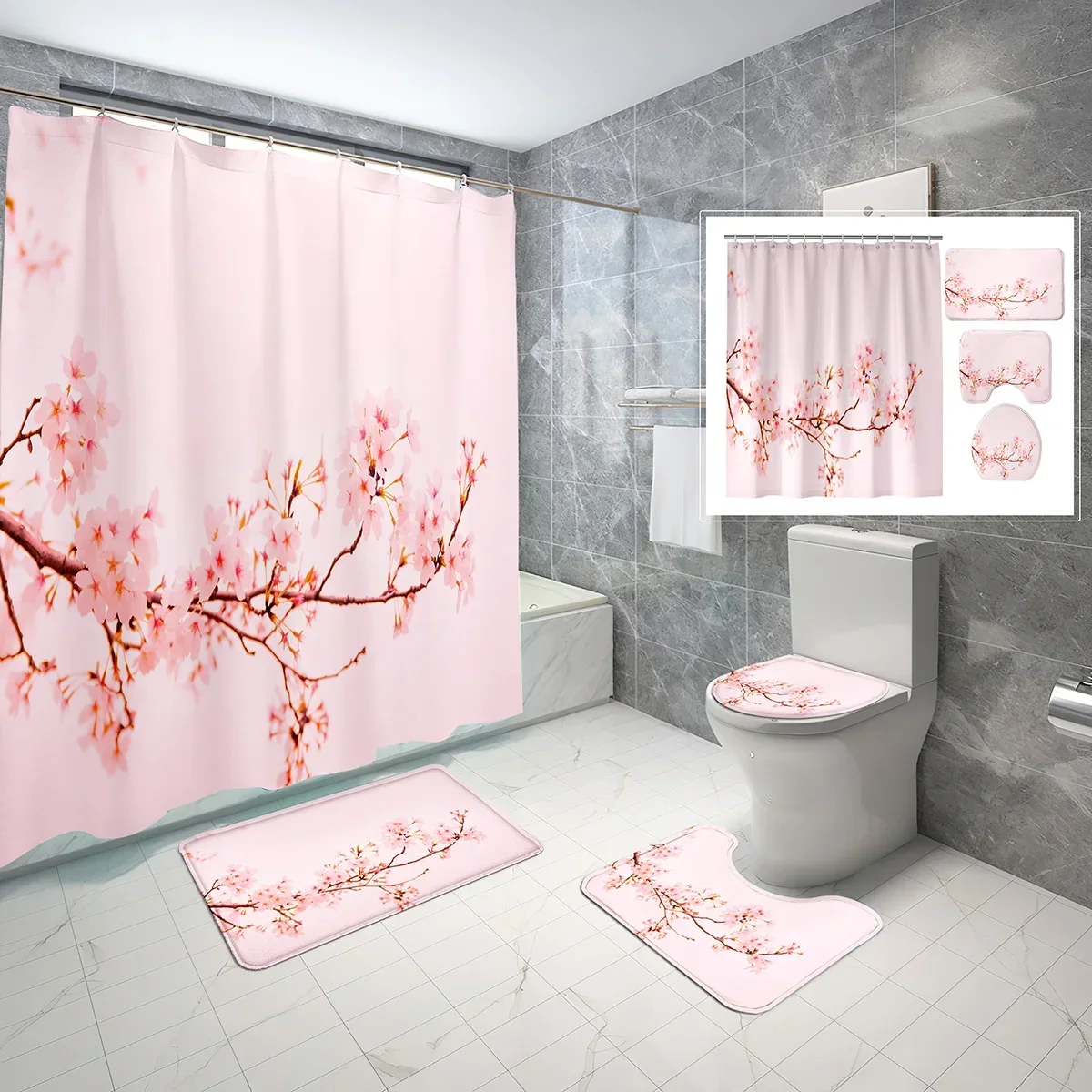 Peach Blossom Shower Curtain Sets 4 Pcs with Non-Slip Rugs Mat Toilet Lid Spring Branch Flower Waterproof Shower Curtain Set