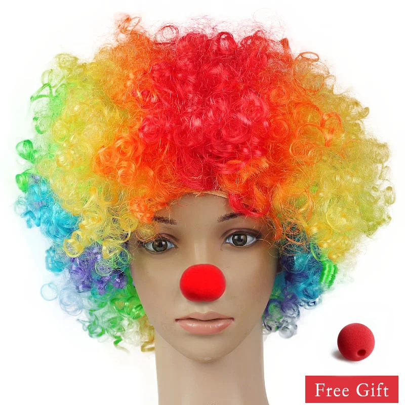 Bunte Clown-Perücke, Afro-Locken, synthetische Perücke, Cosplay für Männer und Frauen, Karneval, Party-Perücke, Rot, Grün, Gelb, Blau, Perücke, Clown-Nase – Detail 11