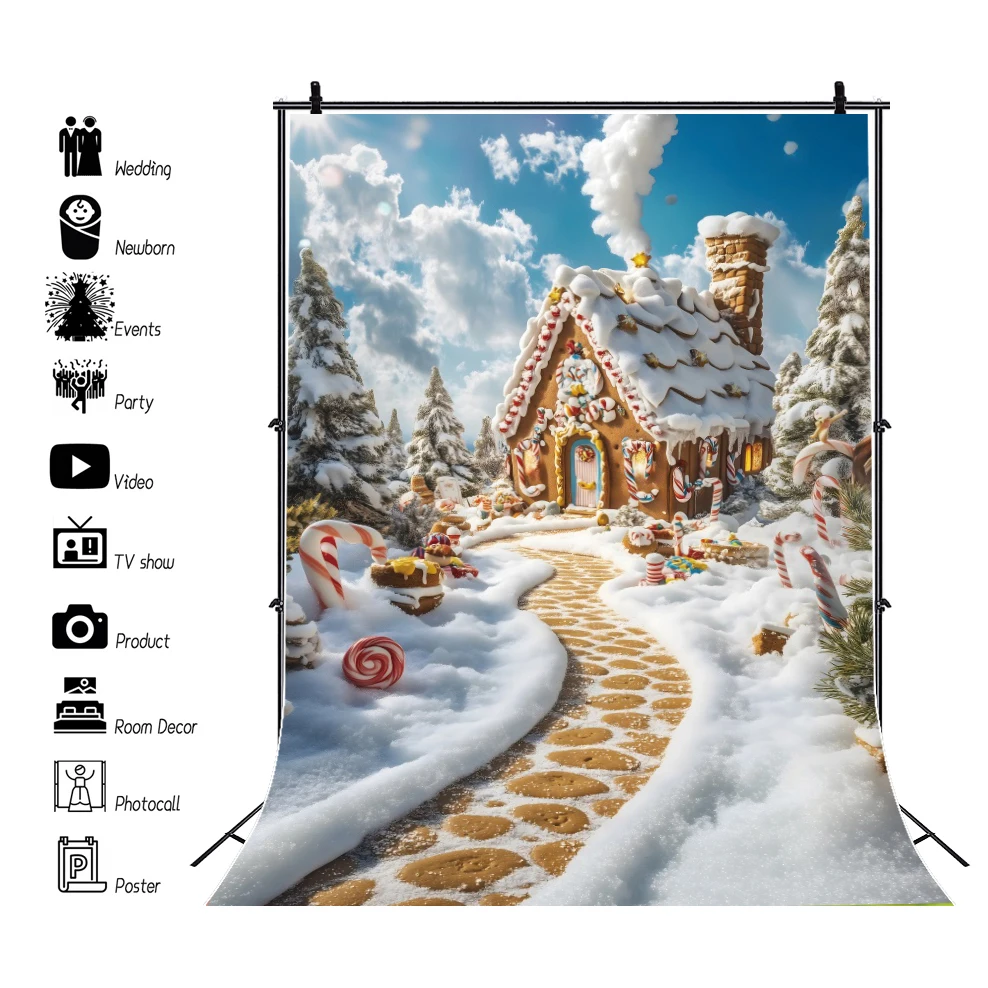 خلفية التصوير الفوتوغرافي لمنزل الزنجبيل في عيد الميلاد ، منزل الحلوى الثلجية في فصل الشتاء ، صورة للأطفال ، خلفية حفلة عيد ميلاد ، مستلزمات الصور