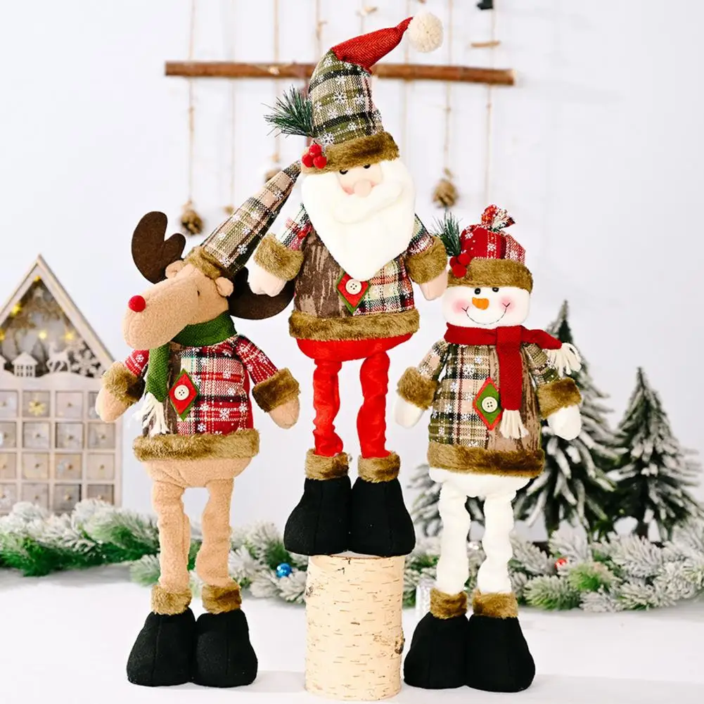 Reindeer Doll Charming Telescopic-leg Christmas Doll Figurines Snowflake Plaid Cloth Holiday Ornaments for Home Decoration