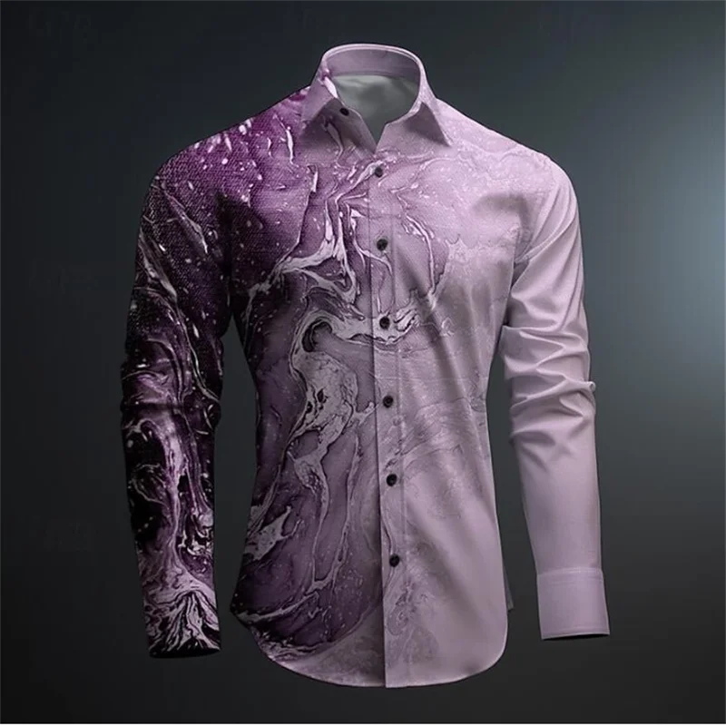 Men's Business Casual 3D Printed Shirt Spring/Summer Collar Button Long Sleeve Shirts Street Fashion Printed Men's Clothing