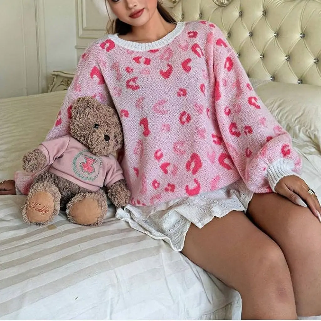 

Women's Y2K Leopard Print Contrast Color Sweaters Long Lantern Sleeve Ribbed Crew Neck Loose Fit Knitwear Pullover Tops