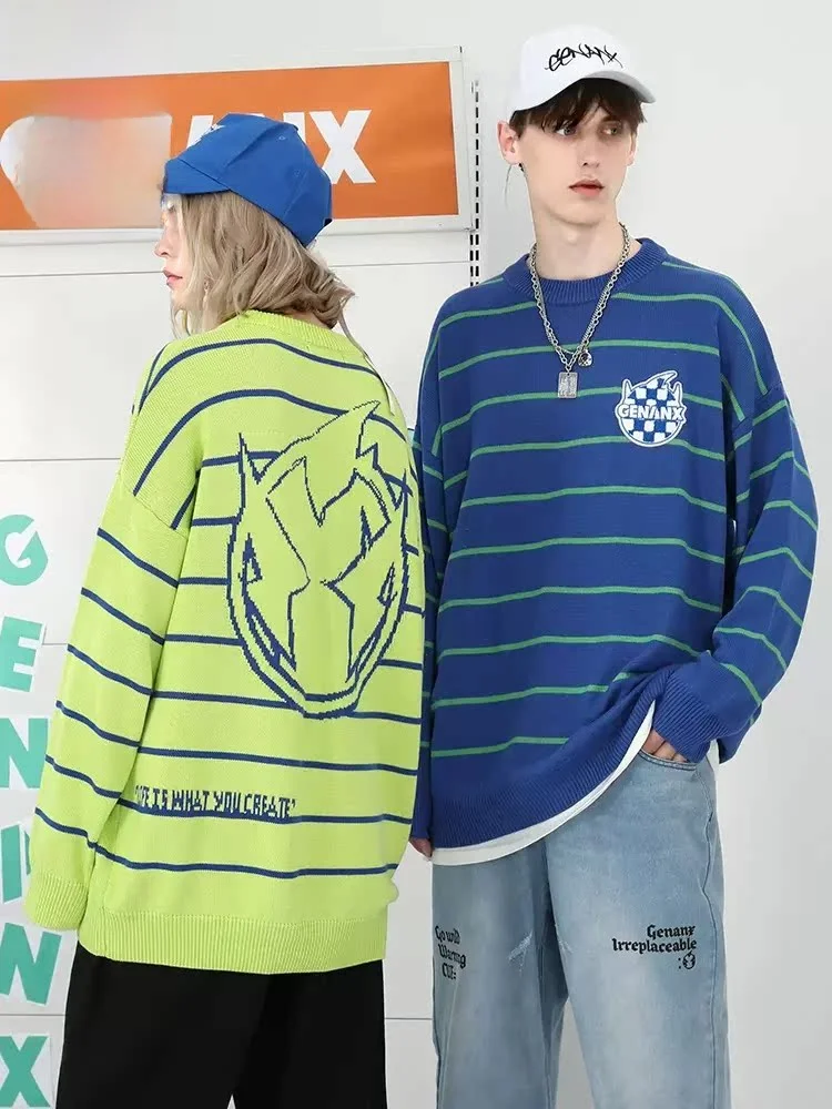 

Genanx Retro Men's Knitted Sweater Vintage Chboard Striped Casual Long Sve round Ne Pullover Breathable Winter Faion