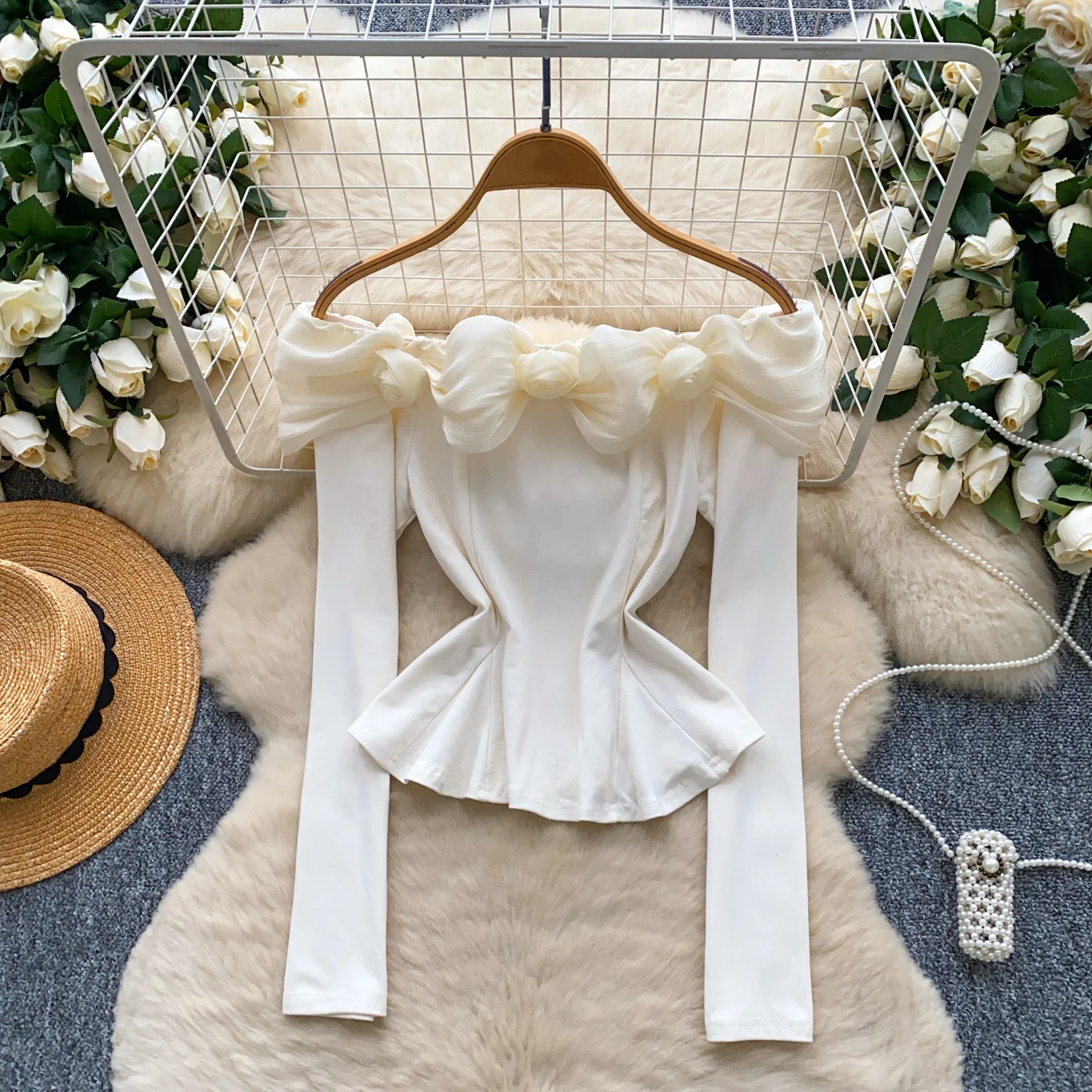 

Clothland Women Sexy Flower Off Shoulder Blouse Slash Neck Long Sleeve Slim Shirt Female Chic Crop Top Blusa LB306