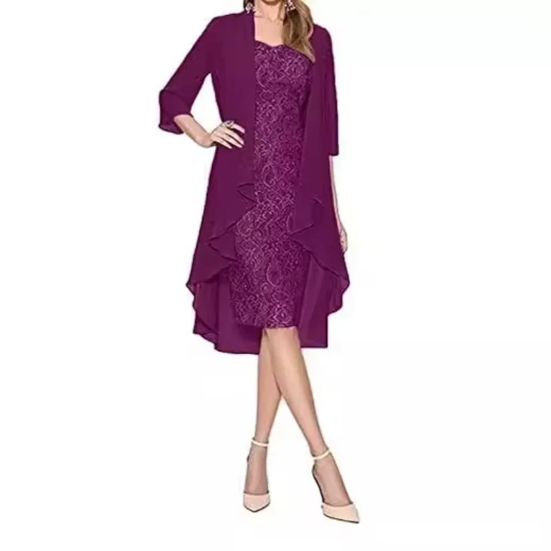 Vestido ajustado de Color liso de dos piezas para mujer, nuevo vestido largo de gasa de encaje, conjunto de ropa de moda de verano