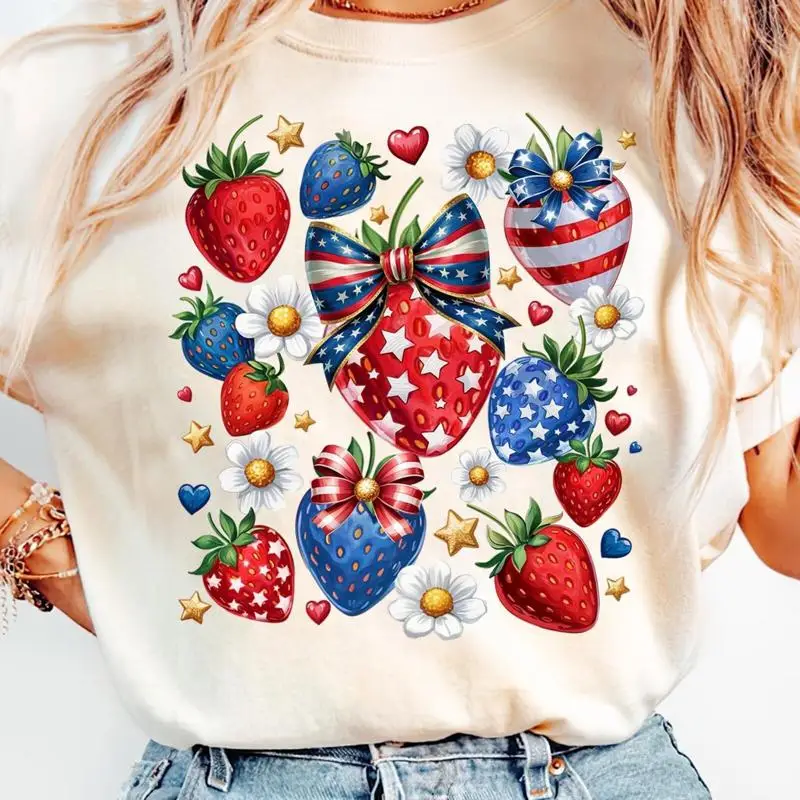 Boho 4th of July Strawberry Patriotic Bow independence Day Natural T shirt
