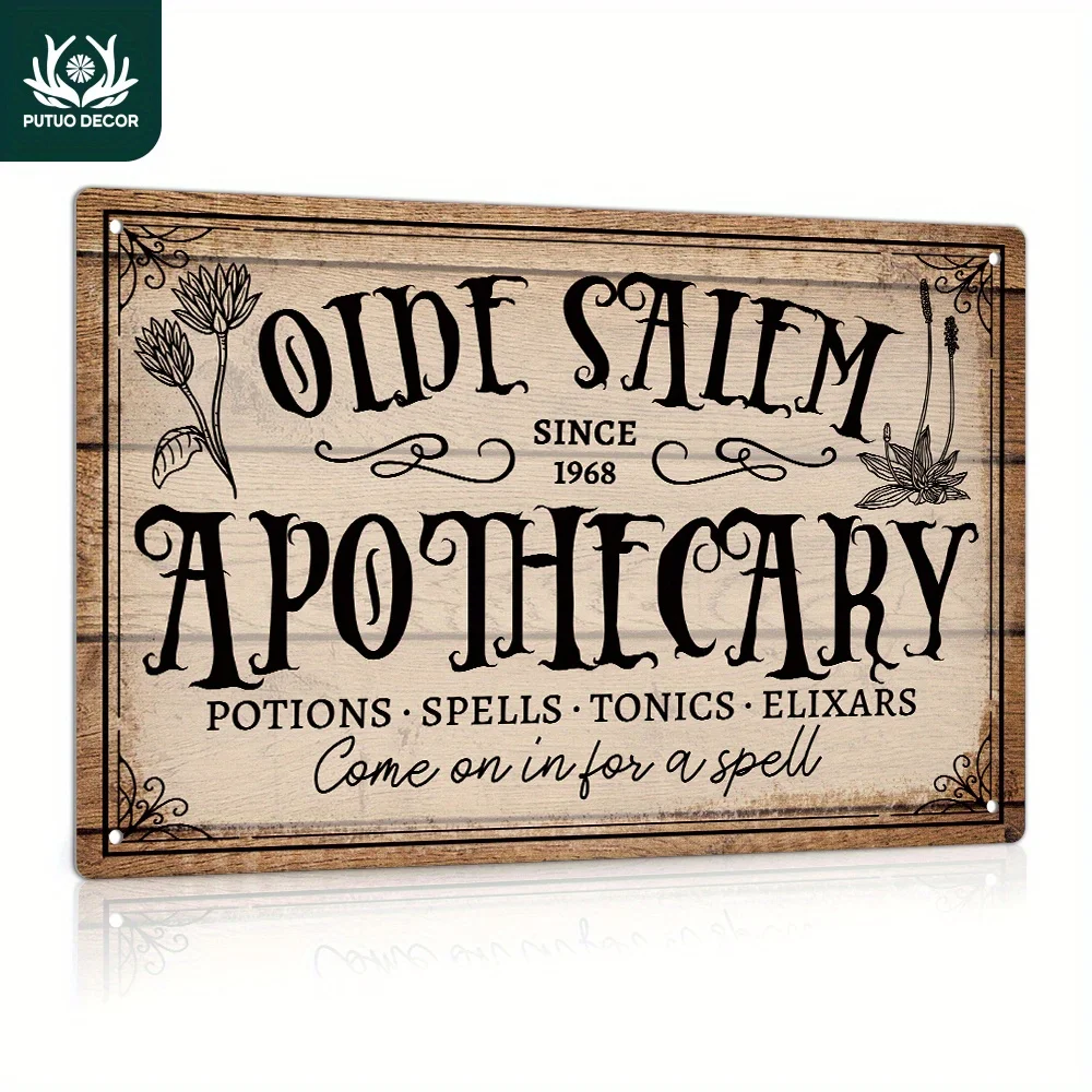 لافتة Vintage Olde Salem Apothecary Tin - 1968 منذ التعويذات والجرعات والمشطات، فن الحائط الريفي للمنزل أو البار أو الهالوين ديسمبر