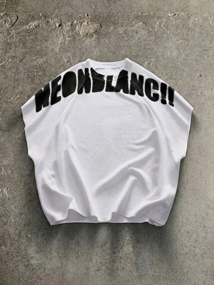 NEON BLANC Men's Street Style White Knitted Graphic Letter Print Round Neck Knitted Tank Top, Suitable For Summer, Vacation,