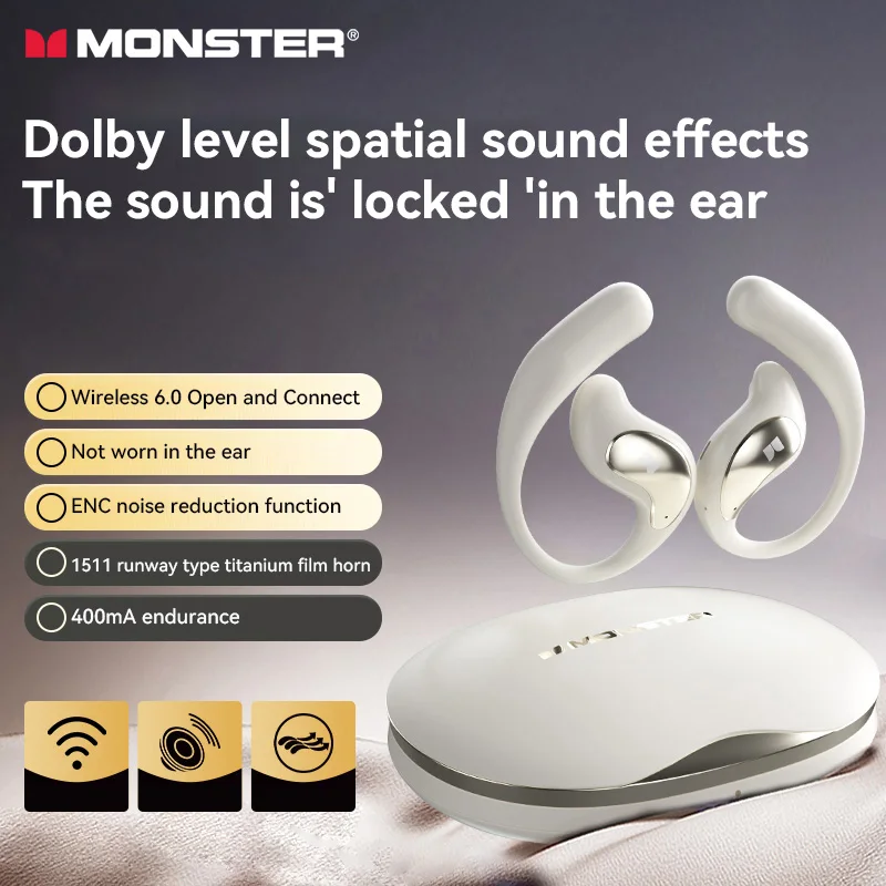 

Monster Open Ear Earbuds Wireless Bluetooth 6.0 Headphones Earchip ENC Noise Cancelling Gaming Sport Headset for Workout Running