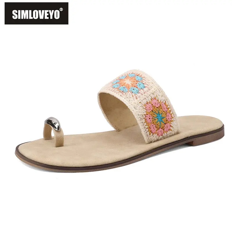 

SIMLOVEYO 2025 Новые модные женские сандалии с застежкой на носок на плоской подошве с цветком, разноцветные, большие размеры 41, 42, 43, мягкие уличные повседневные женские осенние сандалии