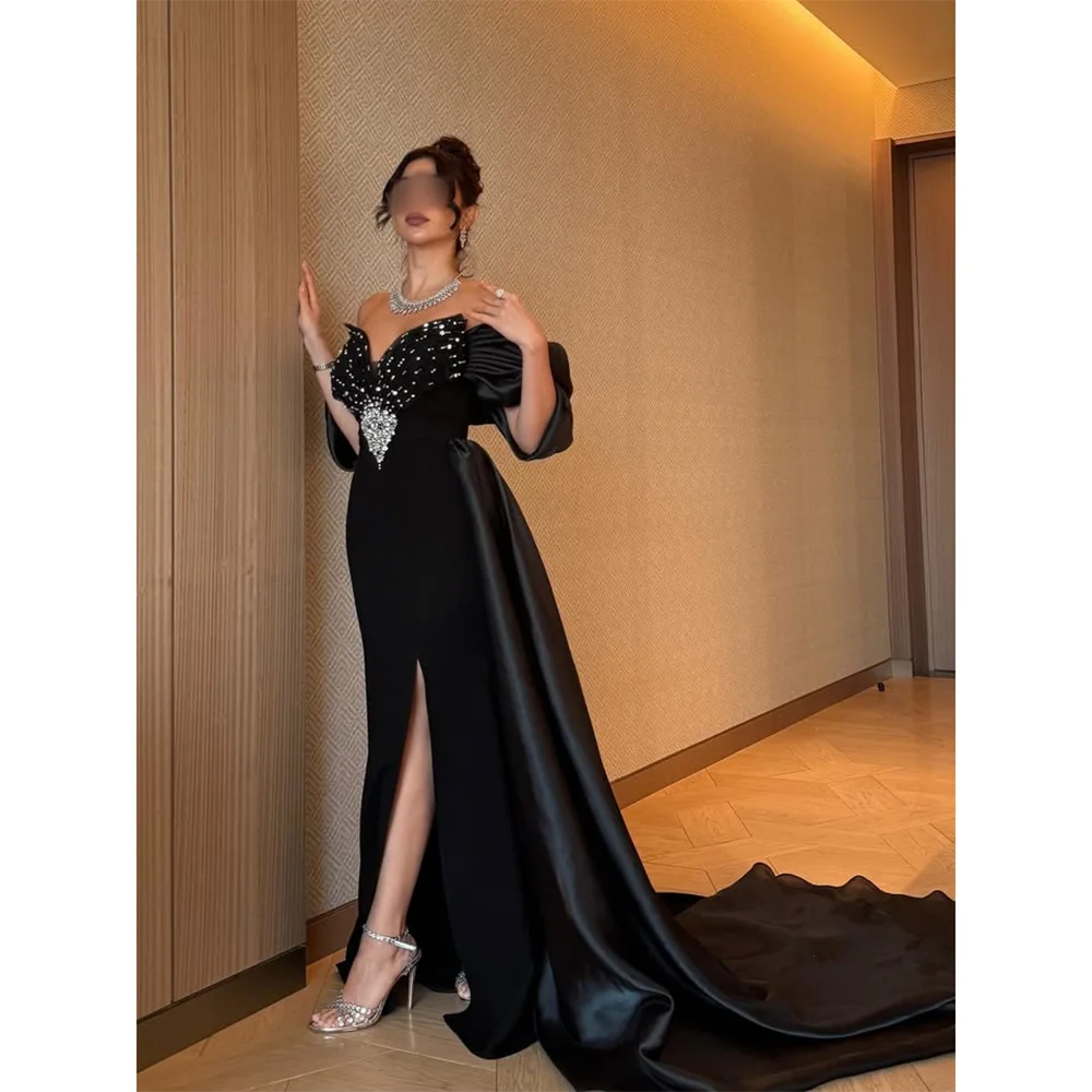 فستان أسود للحفلات الراقصة بدون أكتاف على شكل حرف v كريستال حورية البحر فستان حفلات شق بدون ظهر ثنيات من الساتان سويب تراين فستان سهرة مخصص #3