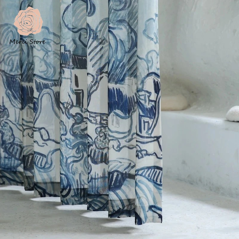 

New Van Gogh's River Design Nordic Simple French Velvet Printed Sheer Curtains for Living Room Bedroom Tulle Window Drape Custom