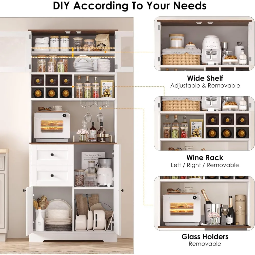 خزانة بار القهوة بطول 75 بوصة مع خزانة، وخزانة تخزين مخزن المطبخ مع باب الحظيرة ودرجين، ورف النبيذ والنظارات، #5