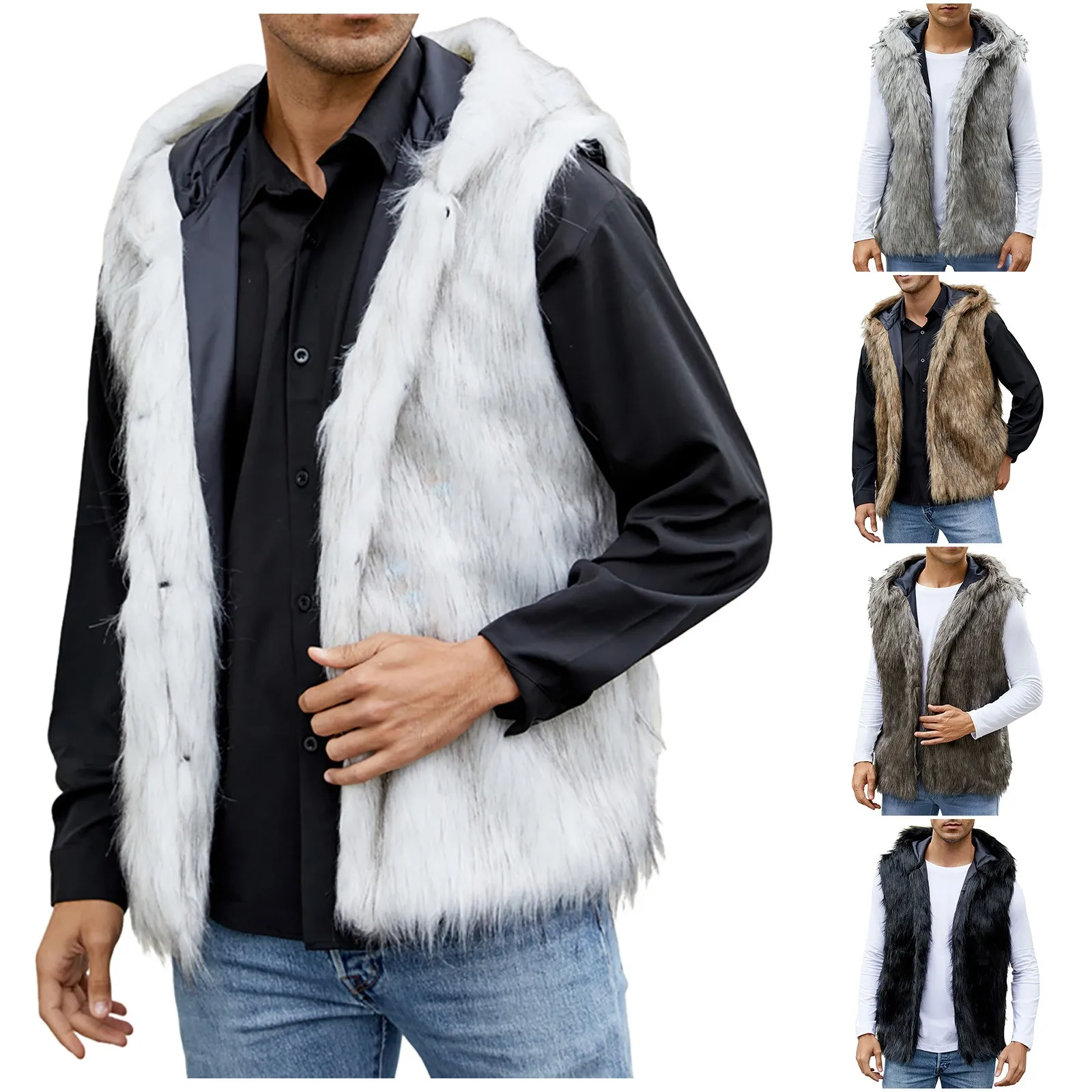 Men Hooded Vest V Neck Faux Fur Jackets Sleeveless Elegant Splice Vests Cardigan Hoodies Casual High Street Autumn Winter