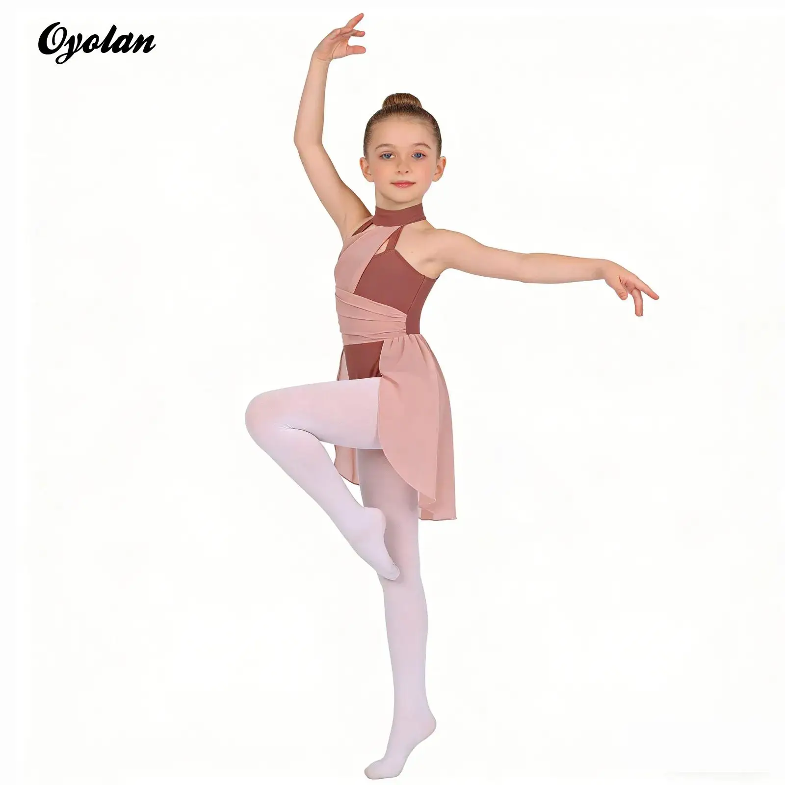 

Girls Gymnastics Figure Skating Ballet Jersey Latin Dance Performance Costume Halter Neck Chiffon Patchwork Leotard Dance Dress