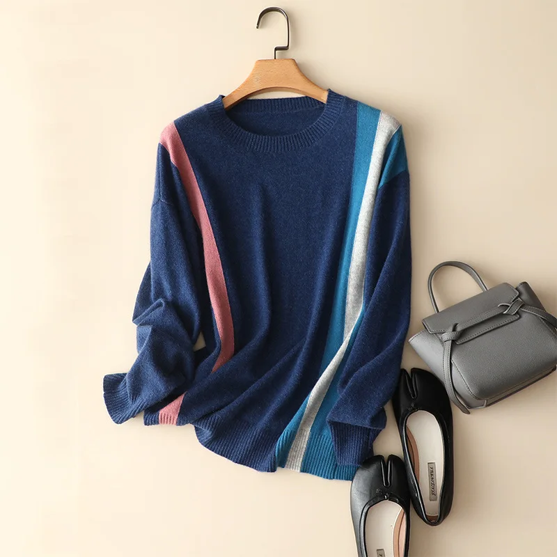 

masigoch patchwork designs 100% cashmere blue loose sweaters