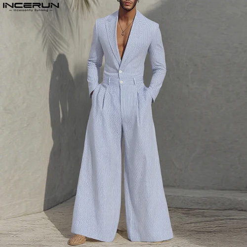 INCERUN, monos para hombre, solapa a rayas, manga larga, peleles informales para hombre, ropa de calle 2021, monos holgados de moda para hombre, monos S-5XL