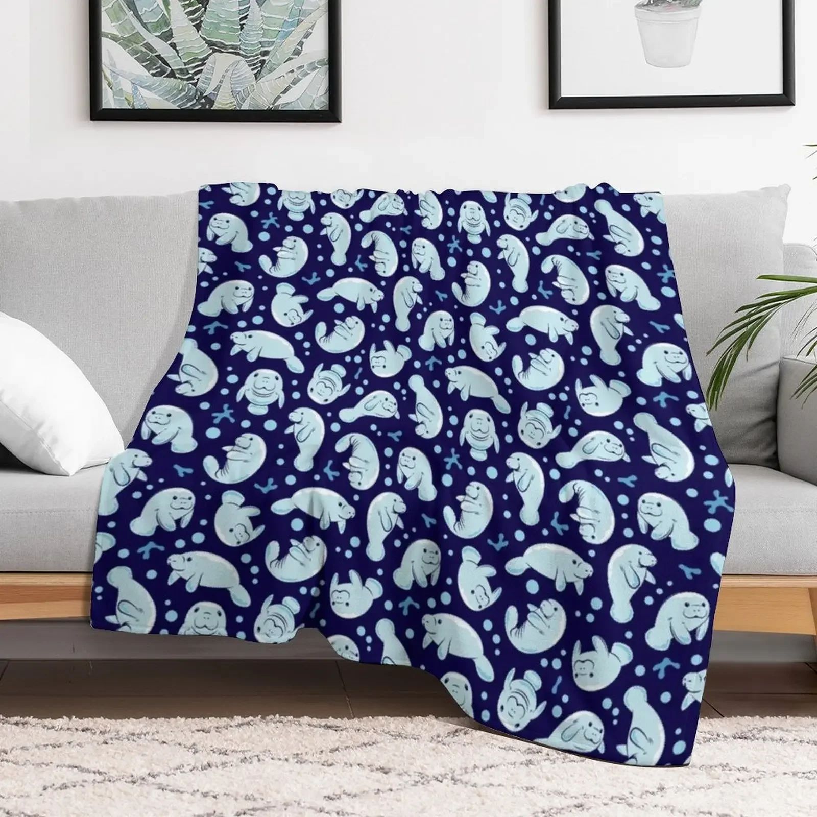 Cute Manatee Pattern - Blue Underwater Pattern Throw Blanket Decorative Sofa funny gift Blankets