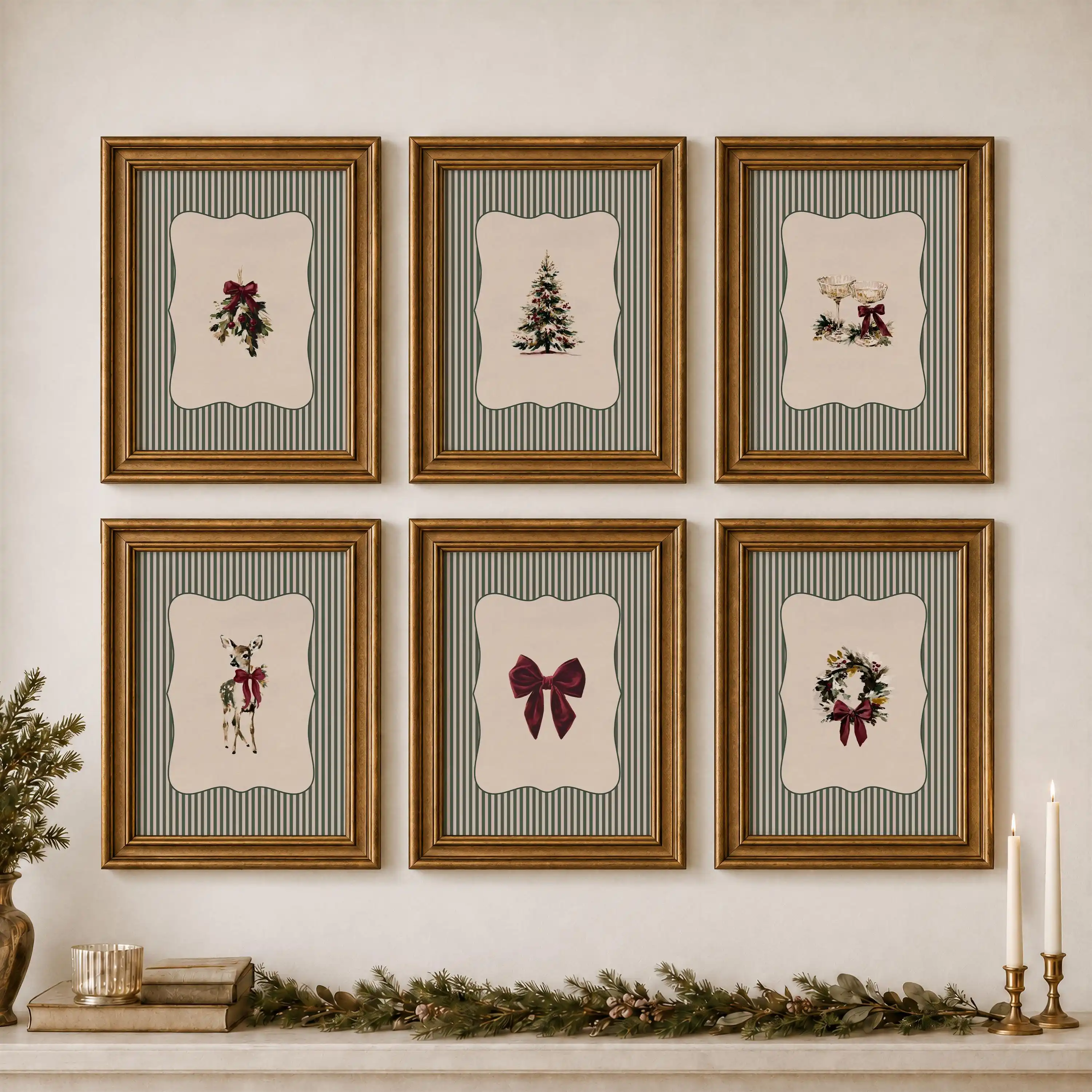 1/6pcs Vintage Christmas Prints Posters Striped Green Christmas Canvas Wall Art Traditional Christmas Wall Art for Bedroom Decor