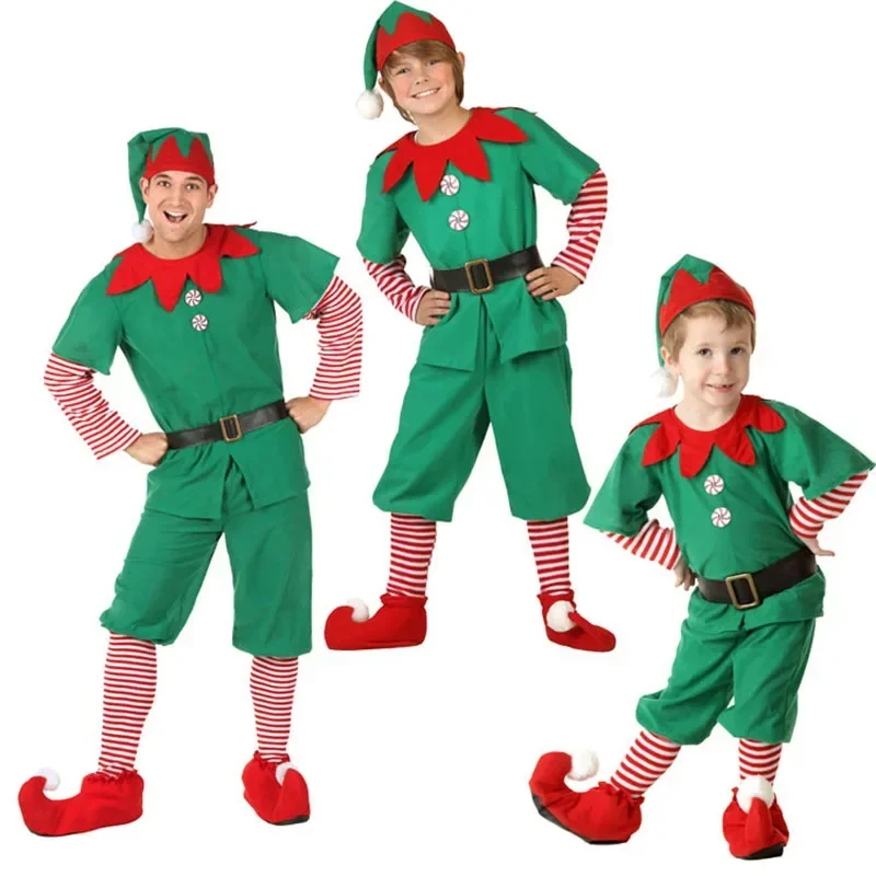 Christmas Outfit Green Elf Cosplay Costume Matching Clothes Family For Adult Kids Women Men Boy Girls