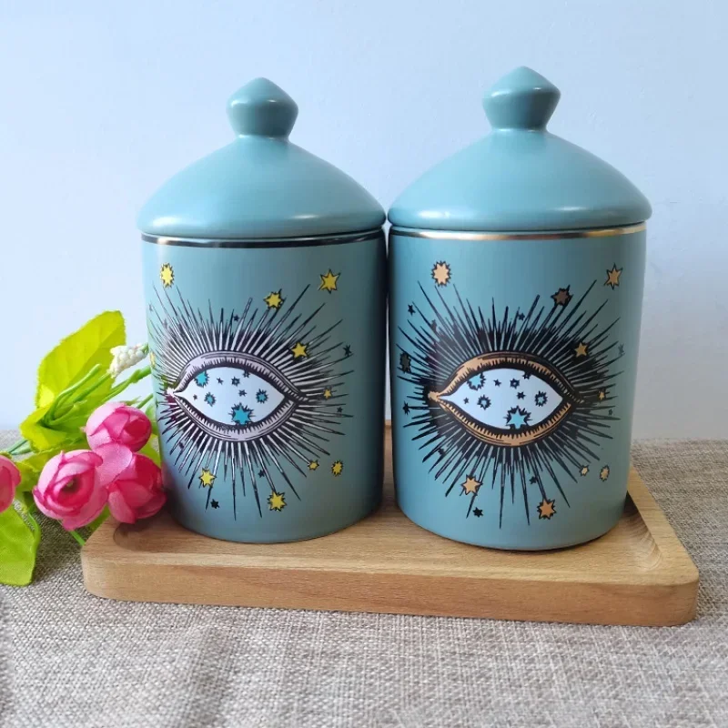 Big Eye Jar Starry Sky Eye Ceramic Jars with Lid Starry Sky Incense Candle Holder Hand Aromatherapy Candle Jar Home Decoration