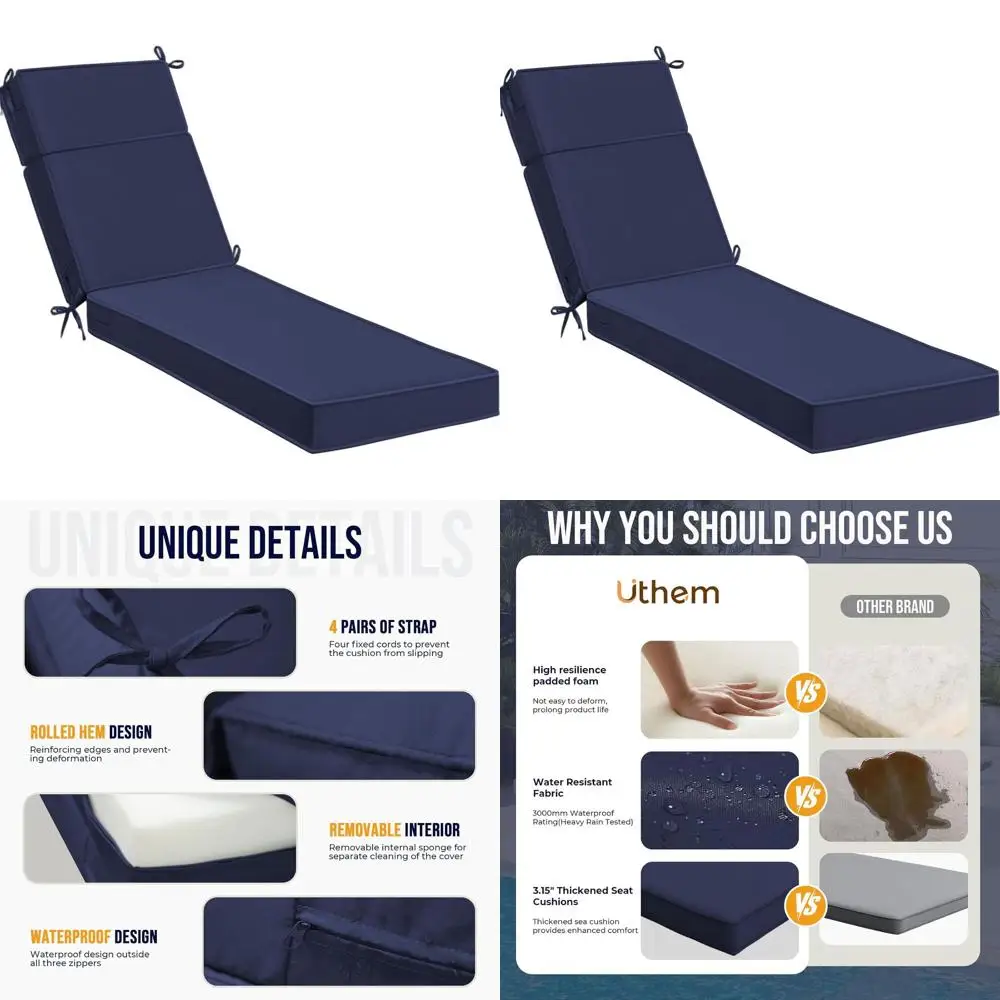 

72x21x3 Inch Outdoor Chaise Lounge Cushion with Removable, Fade-Resistant Covers and Ties, Blue