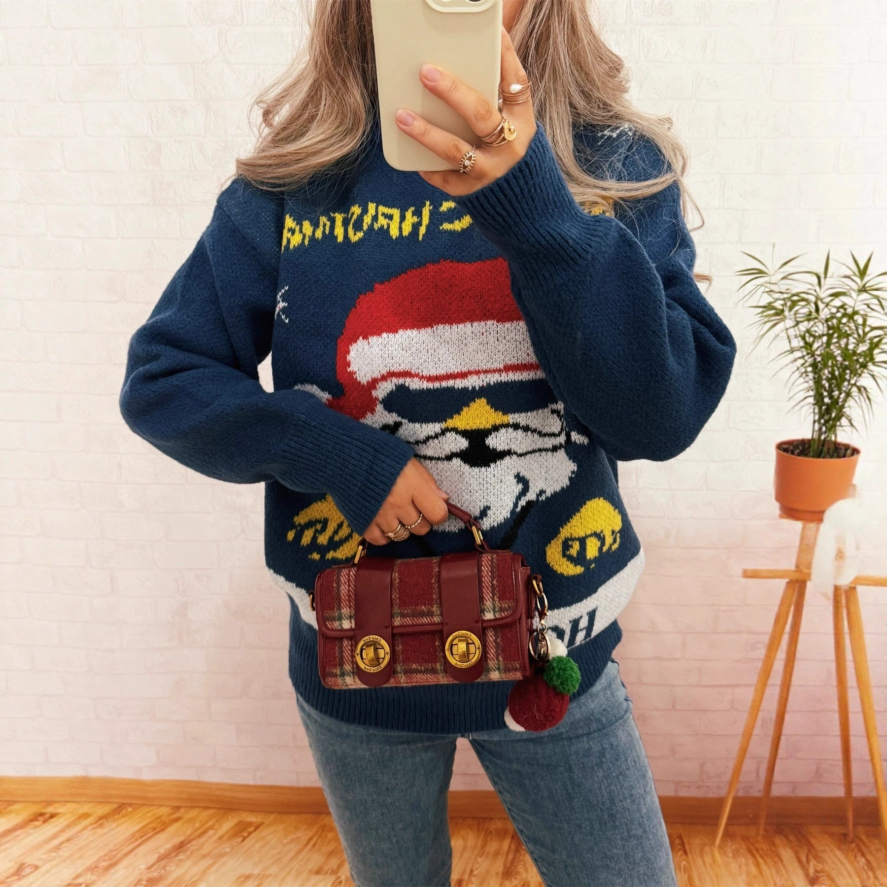 Mode Jacquard Gestrickte Hoodie Rundhals Casual Lose Faul Stil Langarm frauen Pullover Pullover top