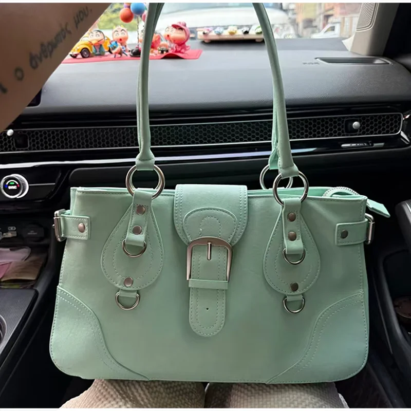 Hobo-Handtasche, Damen Motorrad-Biker-Stil Arbeitstasche, Y2k Mädchen Edgy Vintage Chic Mintgrüne Satteltasche – Detail 1