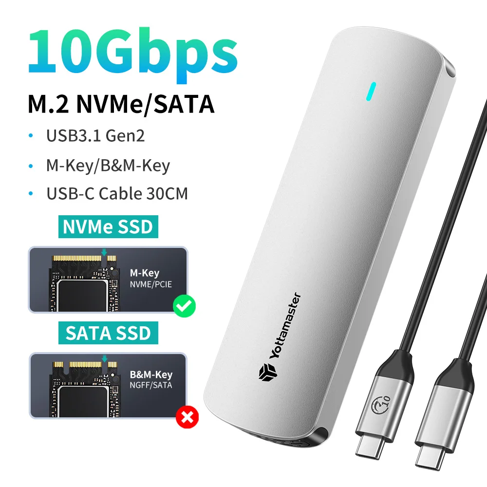NONE Yottamaster M2 SSD-Gehäuse Dual-Protokoll Festplattengehäuse 10Gbps NVME PCIE und 5Gbps SATA AHCI Externes Solid-State-Laufwerksgehäuse 3