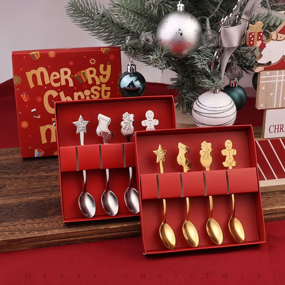 4Pcs Christmas Coffee Spoon Tableware Sets Coffee Stirring Spoon Gold Set Creative Dessert Tea Spoon Shovel Christmas Gift Box